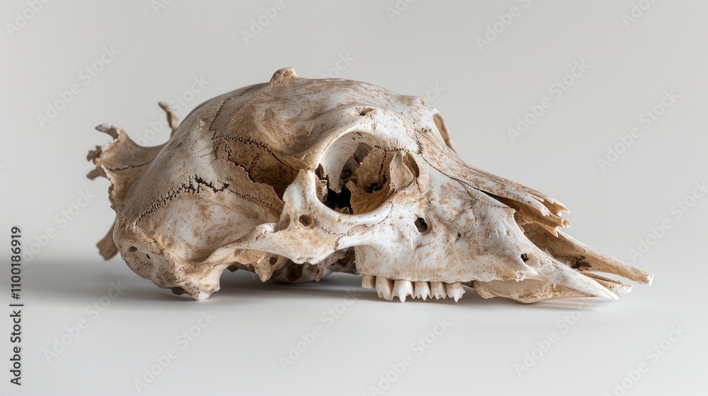 Poster a detailed view of a skull on a clean white background, suitable for use in medical or forensic cont