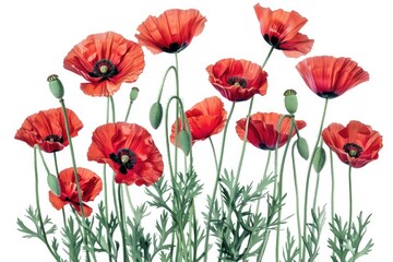 Obraz premium A group of red poppies sit on a pure white background, simple and elegant