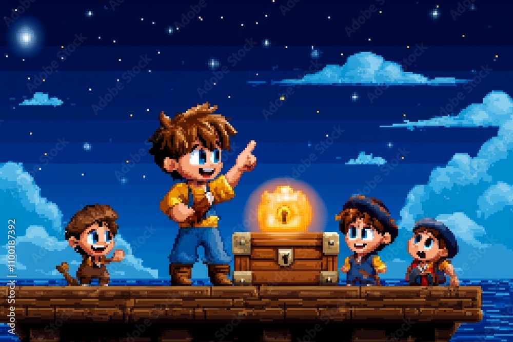 Aufkleber a pixel art scene of a character pointing at a glowing treasure chest, with other characters looking