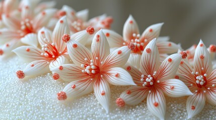 A delicate arrangement of white and coral flowers, beautifully crafted, showcasing intricate details and a soft, elegant appearance.