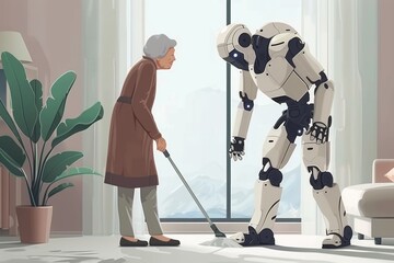 A humanoid robot assists an elderly woman in a stylish apartment, symbolizing the integration of advanced technology in caregiving.