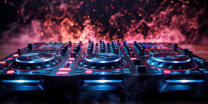  DJ mixer with vibrant LED lights and smoky background, symbolizing music production, nightlife, and electronic dance music energy
