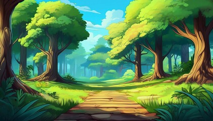 anime cartoon style beautiful forest woodland background trees backdrop wide nature generated ai