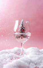 A transparent wine glass with snow and a Christmas tree inside, on a pink background.