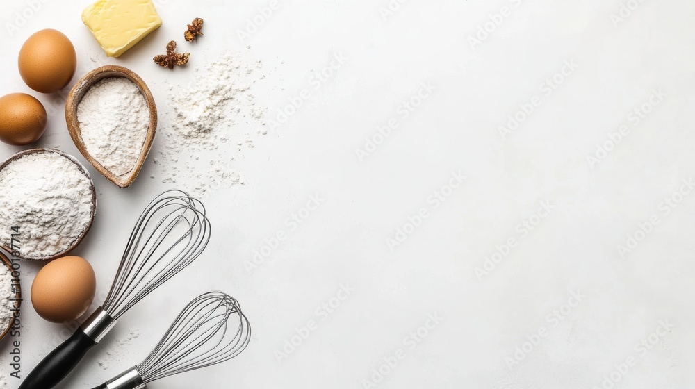 Poster baking essentials are neatly arranged on a white surface, featuring flour, eggs, butter, and whisks,