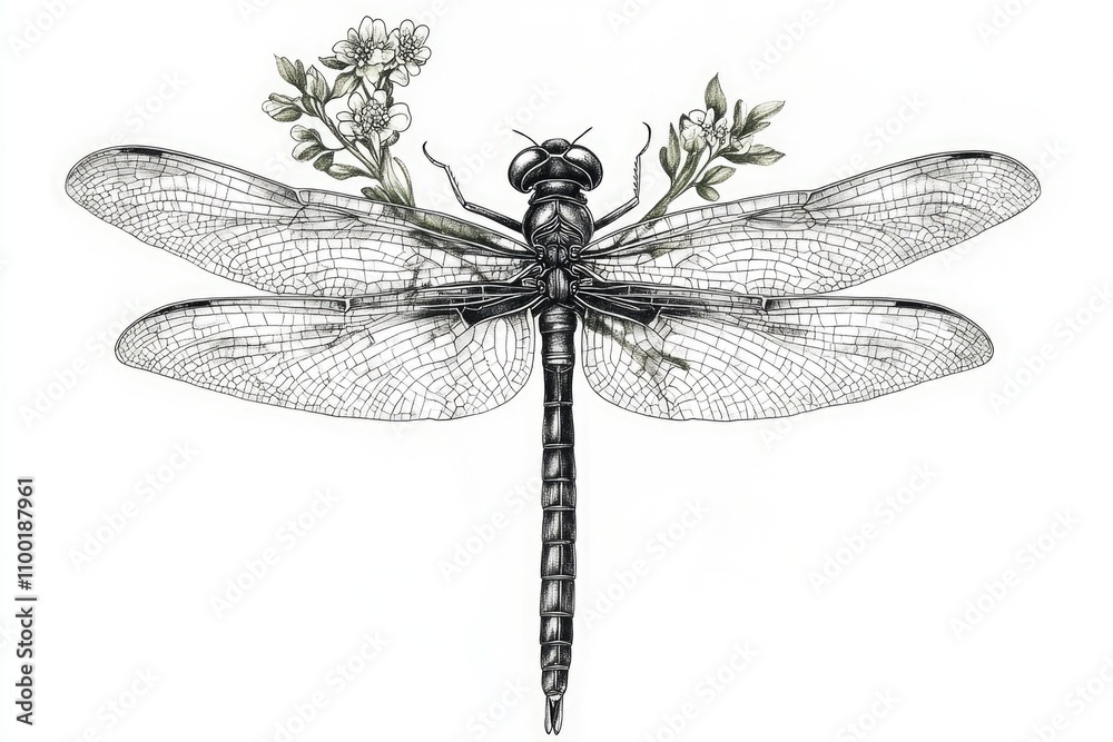Poster a close-up image of a dragonfly perched on a white surface, its wings spread wide