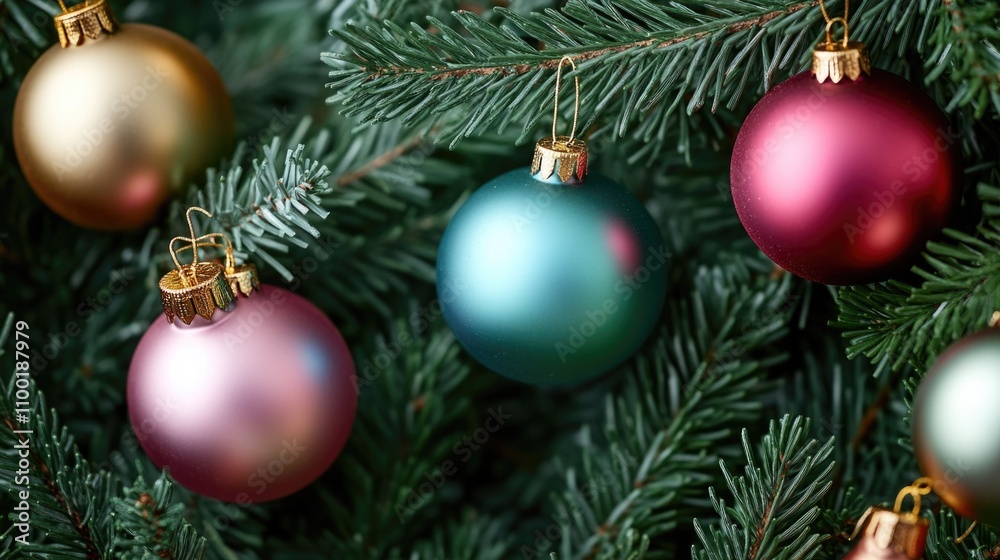 Poster a close-up view of a bunch of ornaments on a tree, suitable for use in seasonal and holiday-themed p