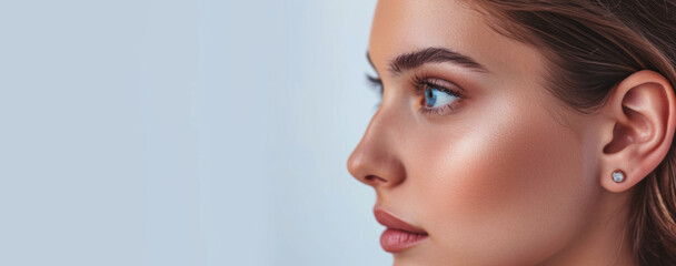 Obraz premium young girl with clear skin in profile on a Light background close-up Generative AI