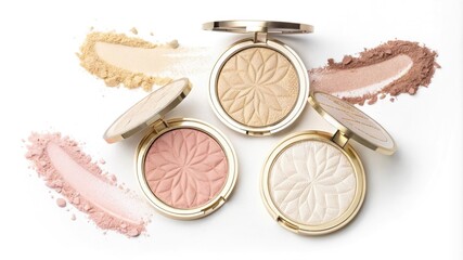 Elegant makeup highlighters with swatches on white background