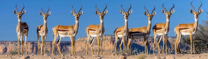 Naklejka premium Graceful antelopes grazing in desert landscape nature photography vibrant environment wide-angle view wildlife conservation