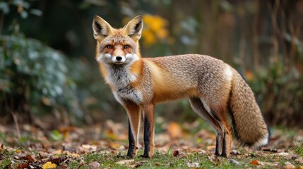 Obraz premium A majestic red fox stands attentively in a forest setting, showcasing its vibrant fur and curious expression amidst a backdrop of autumn foliage