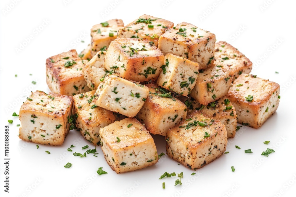 Poster a pile of tofu cubes arranged neatly on a white surface