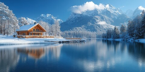 Fototapeta premium A serene winter landscape depicting a cozy wooden cabin nestled by a tranquil lake, surrounded by snow-covered trees and majestic snow-capped mountains under a clear blue sky