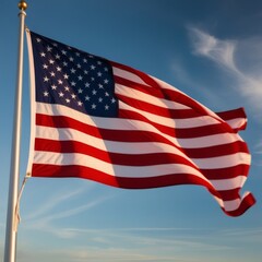 Obraz premium American flag waving against blue sky. US flag waving in the wind for Memorial Day or 4th of July