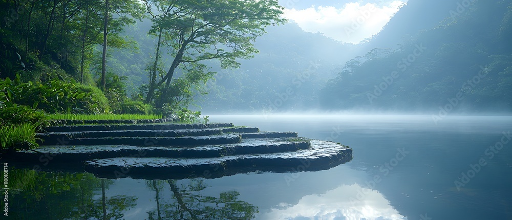 Poster tranquil misty lake surrounded by lush greenery and steep mountain ranges under soft morning light c
