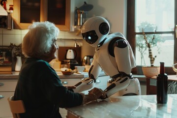 A humanoid robot assists an elderly woman in a stylish apartment, symbolizing the integration of advanced technology in caregiving.