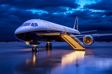 Fototapeta premium A private jet parked on a sleek tarmac, with a luxurious staircase leading up to its door