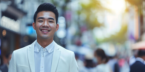 Fototapeta premium Asian man in a white formal suit walks down the street Generative AI