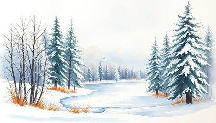 Obraz premium Whispers of Winter A Tranquil Scene of Snow-Kissed Pines and Icy Reflections