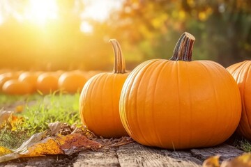 A pumpkin patch at sunset, with warm golden light casting long shadows over rows of bright orange pumpkins