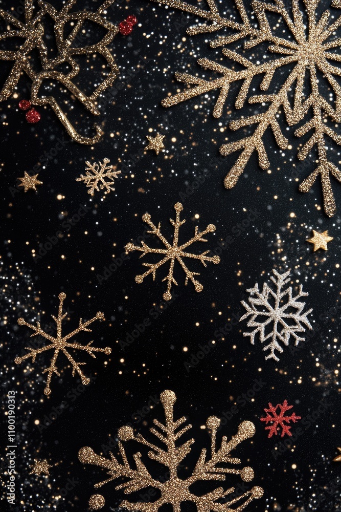 Poster a close-up shot of unique snowflakes falling onto a dark surface, perfect for use in winter-themed d