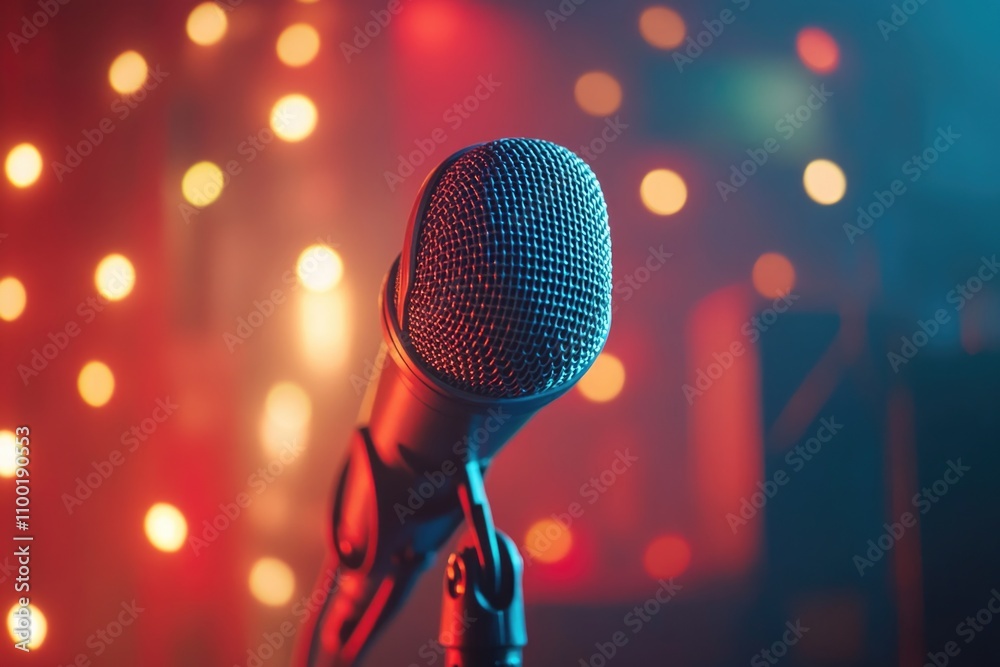 Poster a professional microphone set up with bright backlights, ideal for recording and photography studios