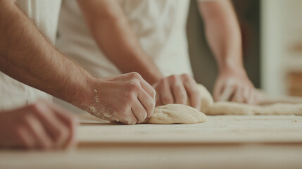 Close Up of Hands Kneading Dough in Professional Baking Studio