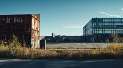 Obraz premium An old, rusting industrial site next to a clean, modern tech hub