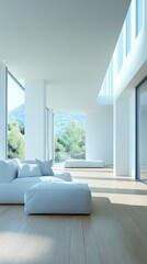 Fototapeta premium Spacious loft house interior showcases a minimalist design with large windows allowing natural light and a beautiful view of the surrounding greenery
