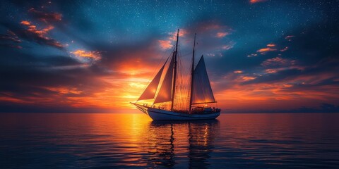 Fototapeta premium A magnificent sailboat gracefully glides across the serene waters, silhouetted against a spectacular evening sky adorned with a breathtakingly colorful sunset