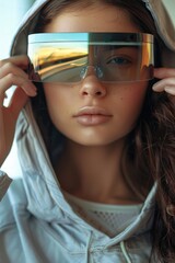Naklejka premium A person wearing casual clothing with sunglasses and a hooded jacket, possibly on the go or trying to remain anonymous