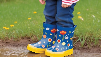 Child Wearing Floral Rain Boots In Puddle