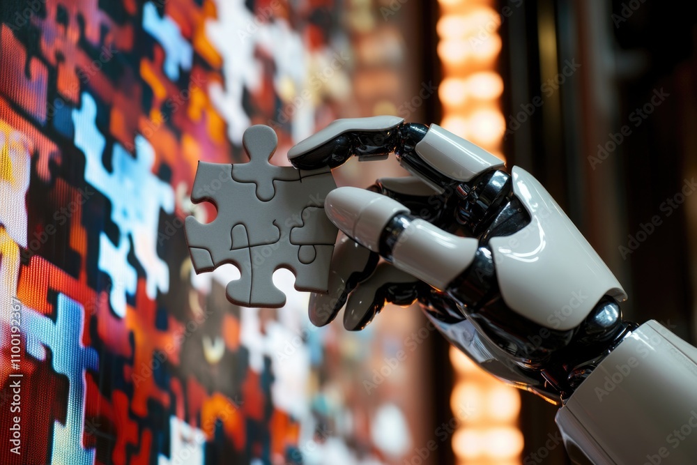 Poster a robotic hand holds a piece of a puzzle, perfect for illustrations about technology, innovation, an