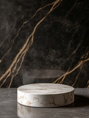 Fototapeta premium White marble round podium with black marble background for product presentation