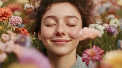 Naklejka premium A woman relaxes in a field of flowers, eyes closed