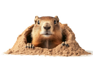 Groundhog curiously emerging from its sand burrow