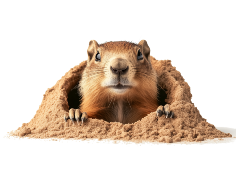 Groundhog curiously emerging from its sand burrow