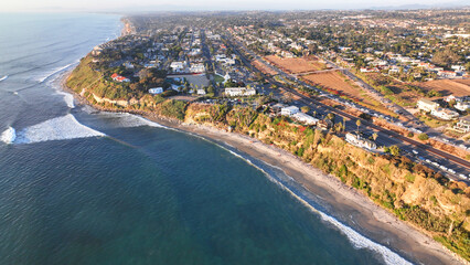 Aerial drone photo of Swami's beach a true surfer's paradise in Encinitas California, United States...