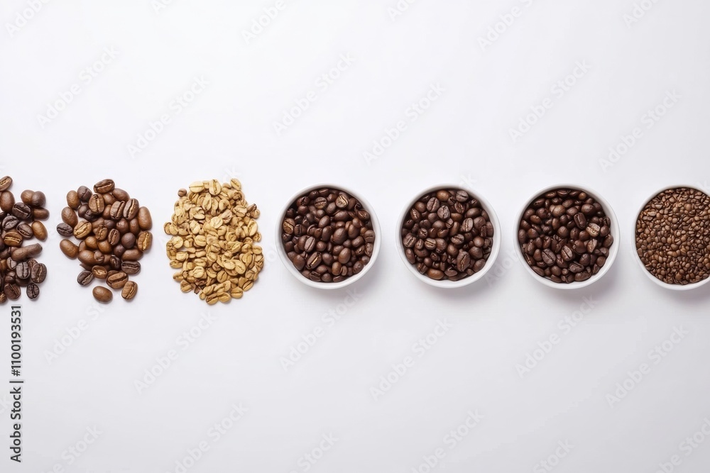 Poster a collection of different coffee beans arranged neat and organized on a clean white surface, leaving