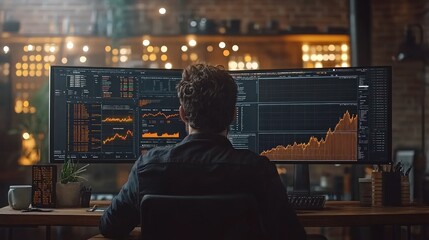 Obraz premium A trader focuses on complex market data and graphical trends displayed on multiple screens in a well-lit, contemporary office environment