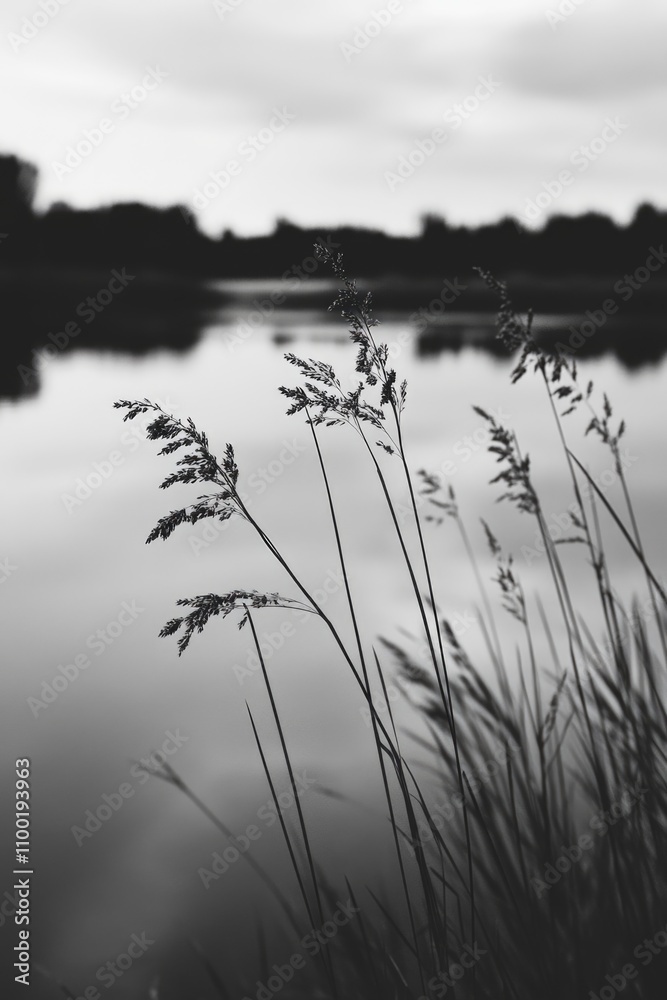 Poster A serene lake scene in monochrome, ideal for use in editorial or design contexts