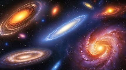Obraz premium A realistic depiction of galaxies in vibrant colors, with glowing nebulae and star clusters scattered across a deep space backdrop. 