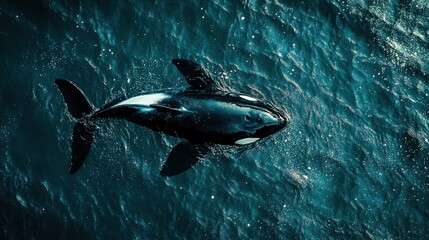 Fototapeta premium Aerial view of orca whale swimming in dark blue ocean water.