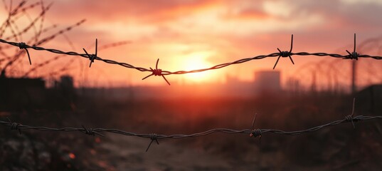 Close-Up of Barbed Wire Fence at Sunset with Blurred Prison Background, Symbolizing Freedom, Imprisonment, and Mind Control