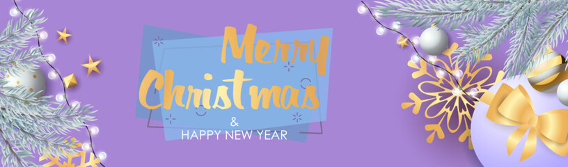 Obraz premium Merry Christmas and Happy New Year design with sparkling silver light bulbs, presents and gold star decoration on purple background. Lettering can be used for posters, leaflets, announcements