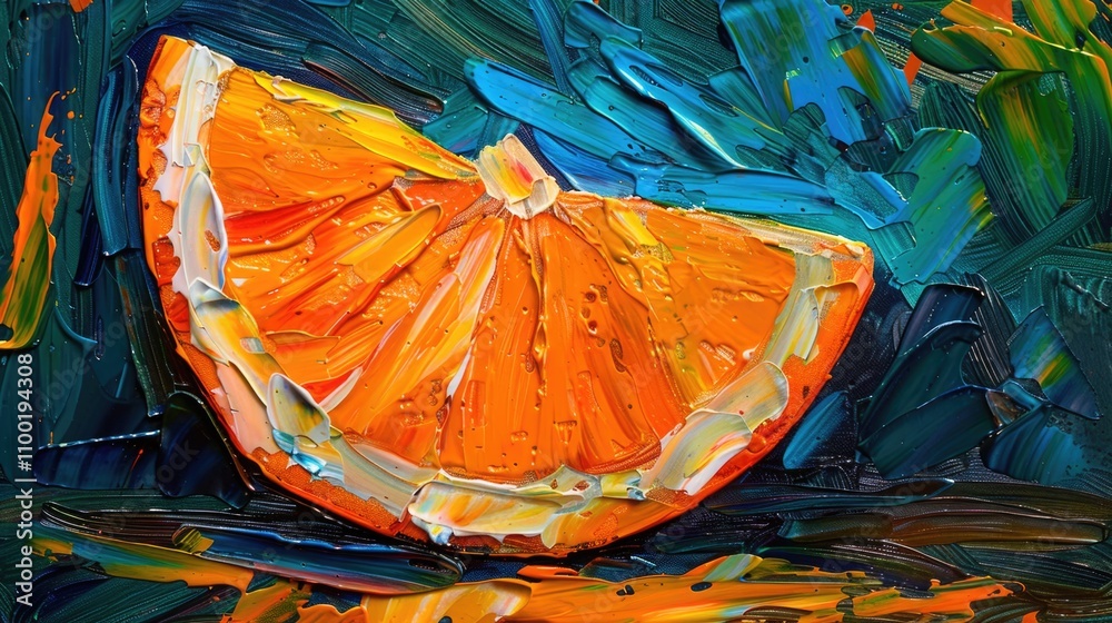 Poster a detailed view of a painted orange on canvas, suitable for editorial use in articles about art, cul