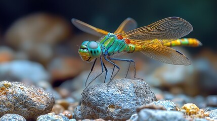 Vibrant dragonfly resting on a pebble in natural habitat