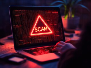 Digital era scam alert on laptop screen, red warning.