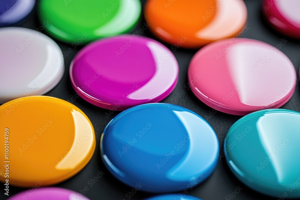 Aufkleber A collection of colorful buttons arranged on a dark background