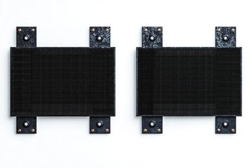 A pair of black speakers placed on top of a white wall, perfect for use in offices, homes, or retail spaces